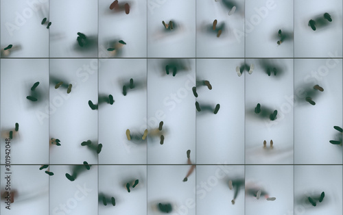 Silhouettes of people on a frosted glass floor in bottom view. Transparent glass floor between floors with reflection of human legs. 3D rendering.