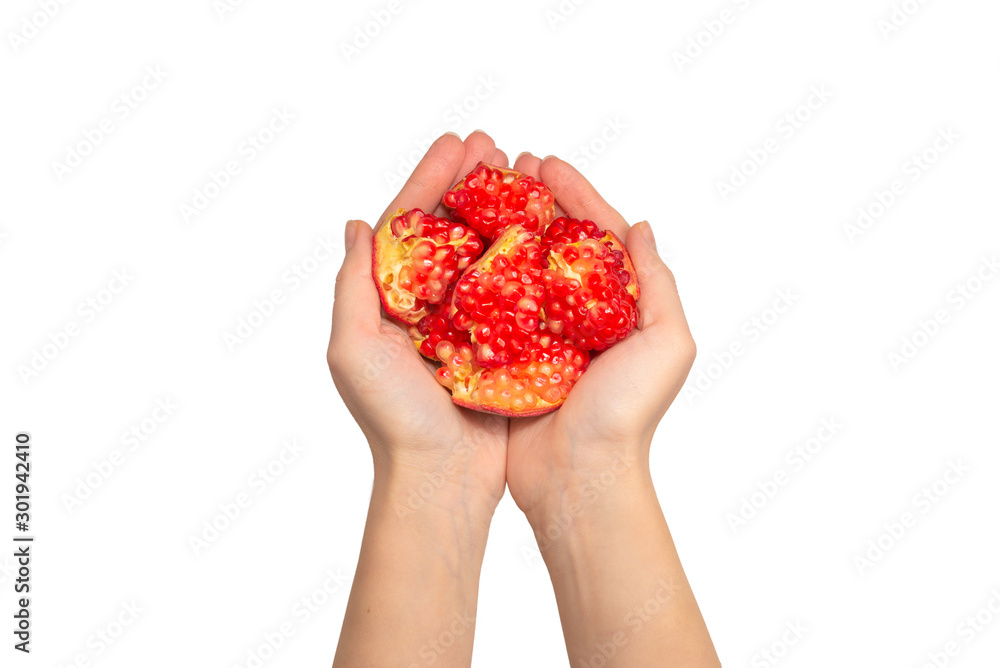 Woman hold pomegranate seeds. Isolated on white. Woman hold pomegranate seeds. Isolated on white.