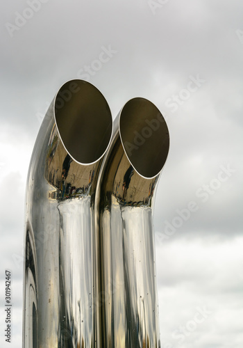 Stainless exhaust pipe for a large off-road vehicle.