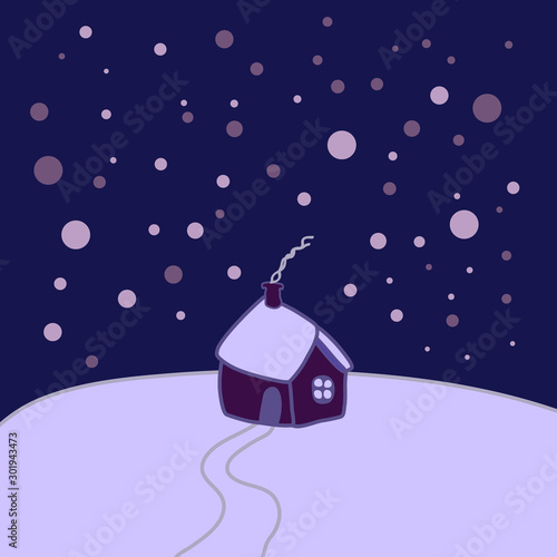 Lonely little house cabin on the top of the hill, on a cold snowy winter night, dark sky. Smoke going from the chimney, snowflakes falling. Christmas holidays at home vector.