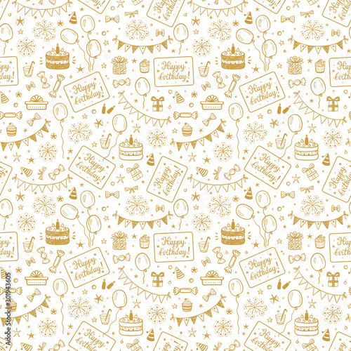 Birthday Party Seamless Pattern with Hand Drawn Doodle Birthday Cake, Sweets, Bunting Flag, Balloons, Gift Box and other Party Supplies. Celebratory background. Golden Holiday Wallpaper