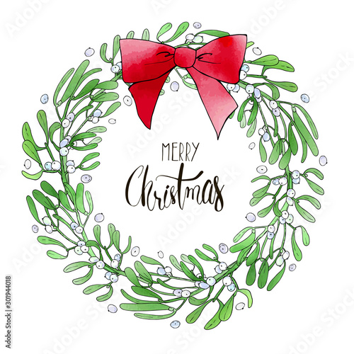 Christmas festive wreath from mistletoe branches and red bow. Vector set. For printed materials, prints, posters, cards, logo. Holiday background. Hand drawn decorative elements.