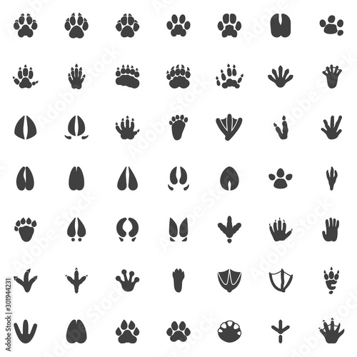 Animal paw print vector icons set, modern solid symbol collection, Animals footprints filled style pictogram pack. Signs, logo illustration. Set includes icons as Dog Fox Bear, Raccoon, Badger, Monkey