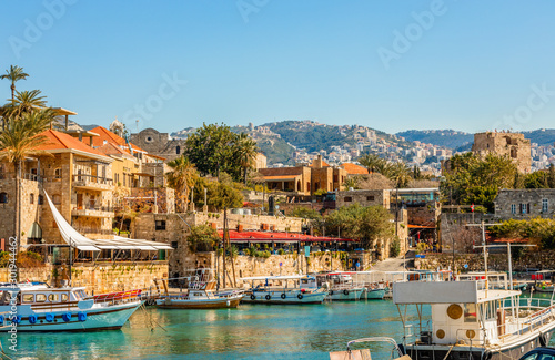 Mediterranean Jbeil port lagoon with anchored fishing boats, Biblos, Lebanon © vadim.nefedov