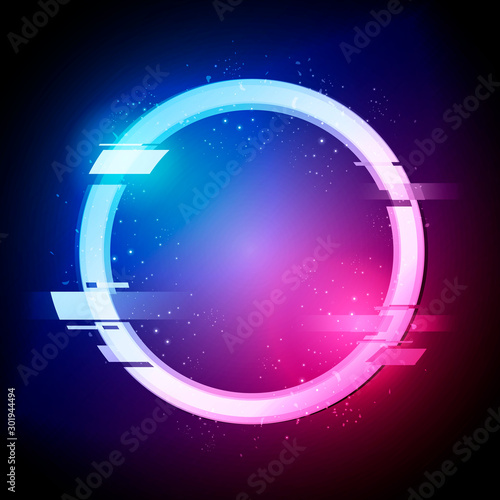 Vector Illustration Glitched Circle In Retro Neon Style. Modern Distorted Glitch Ring Design.