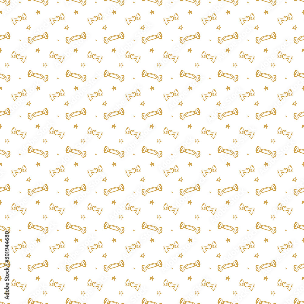 Vector Holiday or Birthday Seamless Pattern with Hand Drawn Doodle Candies and Stars. Festive party background. Golden Holiday Wallpaper.