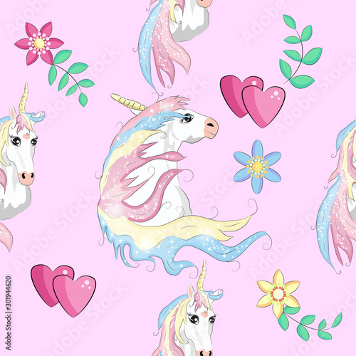 Seamless pattern with Unicorns  rainbows and hearts  trendy cartoon patches.