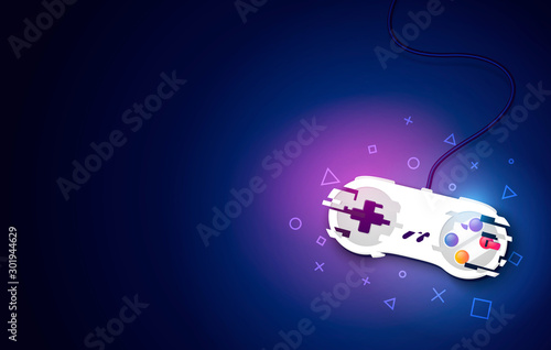 Vector Illustration Video Game Console Pad. Gaming Concept. Top View Retro Joystick On Dark Background