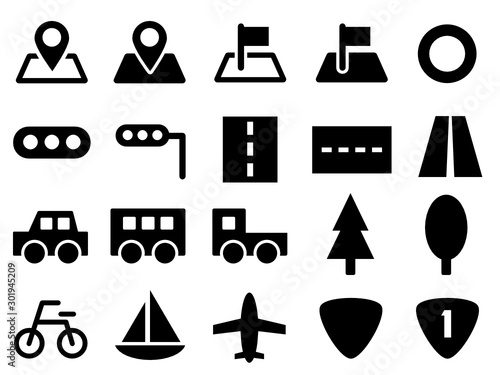 車、バス、船、自転車、飛行機、道路、地図などアイコンセット。交通や旅行を表すシンプルなシルエットのイラスト。線画で描かれたアイコンと塗りで描かれたアイコンが含まれる。道路標識や信号機のイラストも含まれる。