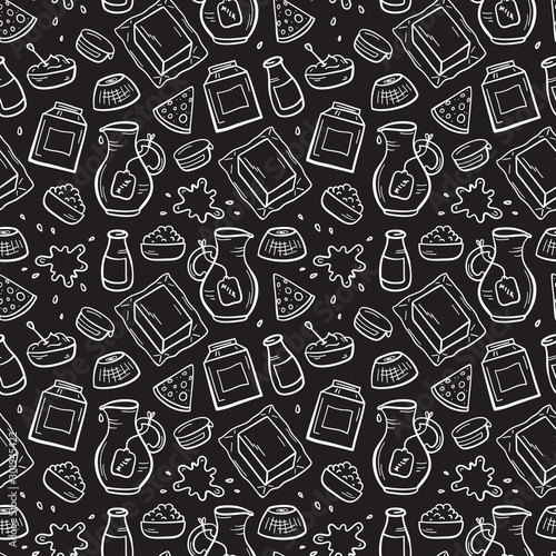 Vector Food Seamless Pattern. Hand Drawn Sketch Doodle Dairy Products Background 