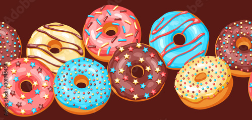 Seamless pattern with glaze donuts and sprinkles.