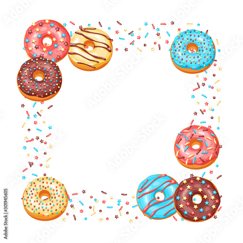 Frame with glaze donuts and sprinkles.