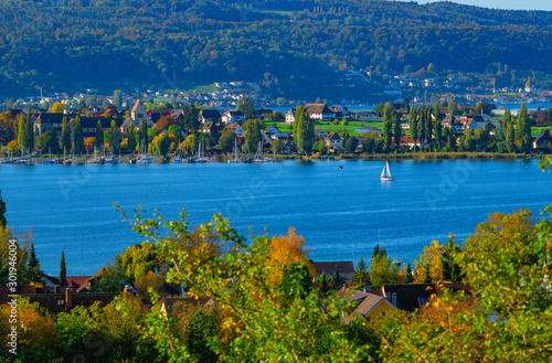 Early autumn on Lake Constance. View from a hill above the village Allensbach on the western Lake Constance with the island Reichenau on a really rare clear day. photo