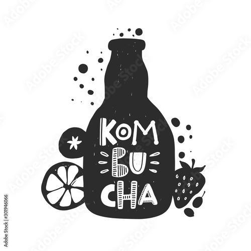 Kombucha grunge style banner template. Scoby beverage in bottle, fruit slice silhouettes. Healthy beverage, fermented fungus drink stylized lettering with ink drops. Superfood poster design element