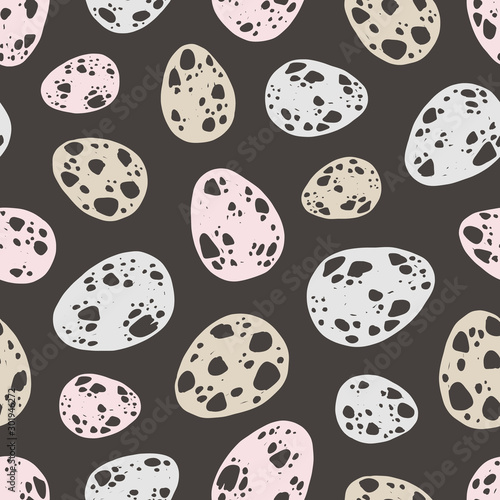 Quail eggs flat vector seamless pattern. Natural organic farm product on black background. Wrapping paper, wallpaper, textile design