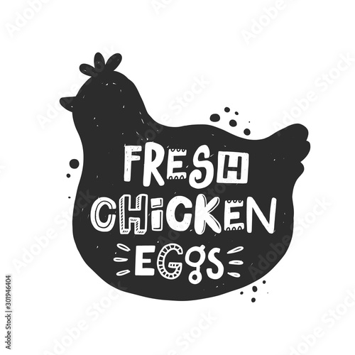 Fresh chicken eggs banner template. Farm hen silhouette. Healthy nutrition, natural dish stylized lettering with ink drops. Fast cooking meal, farmer market poster design element