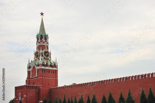 Moscow's Kremlin view with Spasskaya Tower on the Red Square in Moscow, Russia 