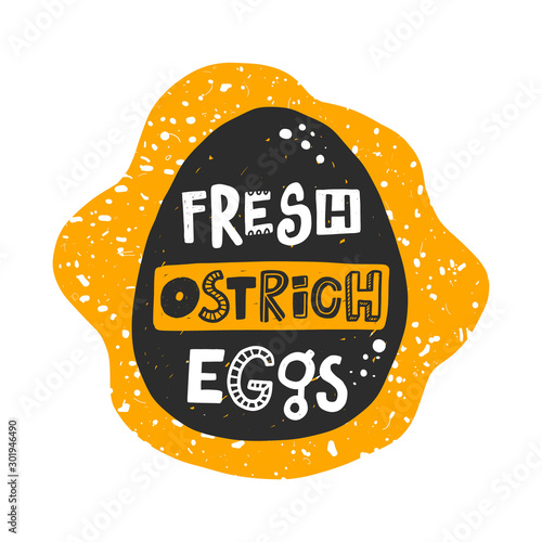 Fresh ostrich eggs banner template. Farm organic product silhouette. Healthy nutrition, natural dish stylized lettering with ink drops. Fast cooking meal, farmer market poster design element