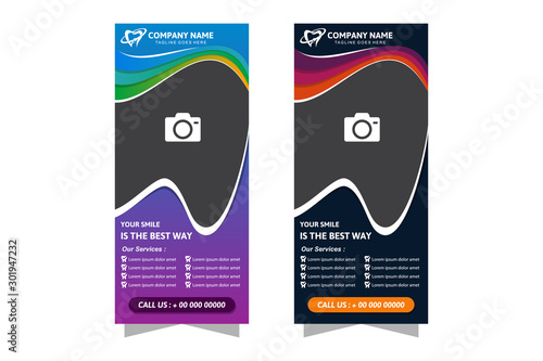 Vertical banner with product. Blue and purple dental background abstract - concept health care or medicine technology. Vector Illustration EPS 10, Graphic Design elements, flyer. tooth space for photo