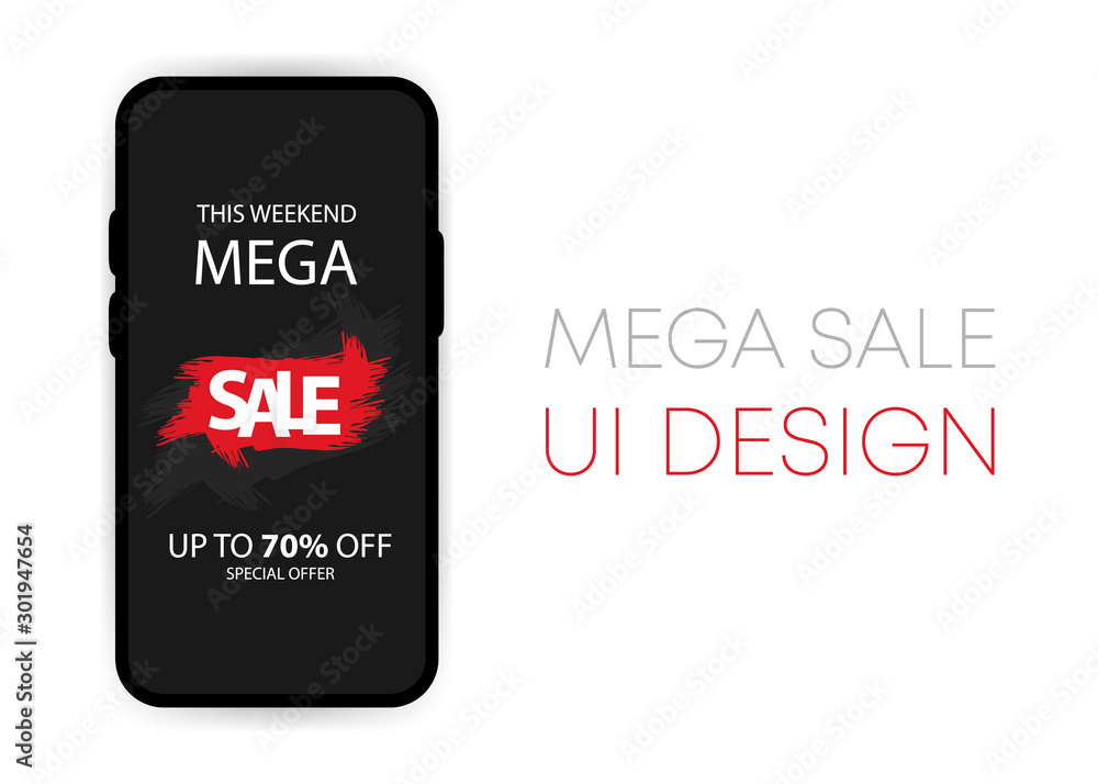 Mobile mega sale app UI vector mockup on smartphone screen. Social network design template. Vector Illustration. Mobile mega sale app UI vector mockup on smartphone screen. Social network design template. Vector Illustration.