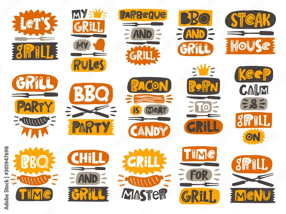 BBQ, barbeque, grill set. Hand drawn lettering. Quote sketch typography ...