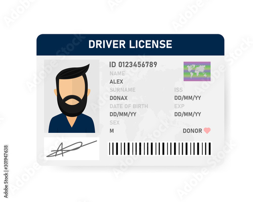 Realistic driver license of men on white background. Vector illustration.
