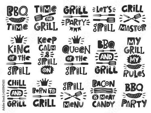BBQ, barbeque, grill set. Hand drawn lettering. Quote sketch typography. Vector inscription slogan. Poster, t shirt design, print, placard, menu, restaurant, bar, cafe, food court, emblem.