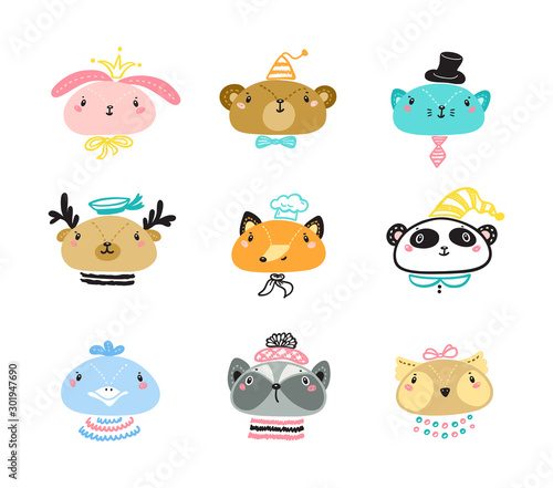 Cute Scandinavian Style Animal Faces Set. Doodle Cartoon Animals and Birds. Vector illustration 