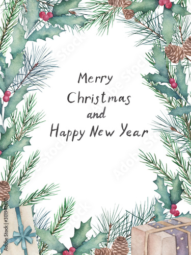 Watercolor frame with branches holly, spruce, gift boxes,cone and text "Merry...