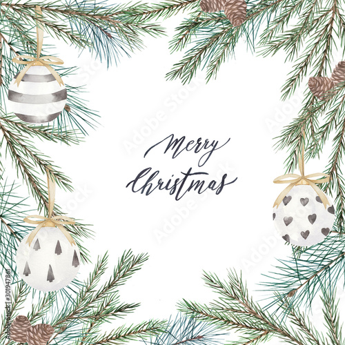Greeting  frame with christmas tree branches and text "Merry Christmas" on wh...