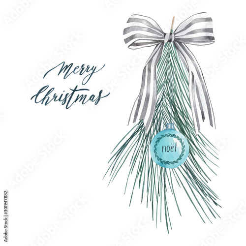 Christmas tree branch with balls and text "Merry Christmas" on white backgrou...