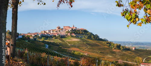 La Morra village, langhe vineyards hills. Viticulture of Dolcetto, Nebbiolo and Barbera red wine. Tourism in Europe, travel destination. Piedmont, Italy landmark. © Codegoni Daniele