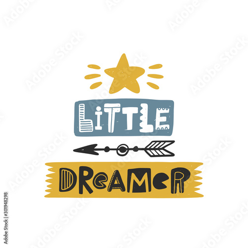 Little dreamer colored lettering with arrow. Baby vector stylized typography. Kids print. Hand drawn phrase poster, banner, sticker design element for nursery