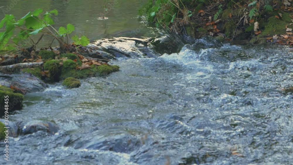 River water flowing down its path. Transparent clear water of a mountain river flowing downstream in slow motion. River water flowing down its path. Transparent clear water of a mountain river flowing downstream in slow motion.