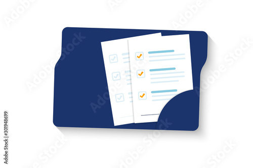 Document. Folder with document, stamp and text. Stack of agreements document with signature and approval stamp. Contract papers