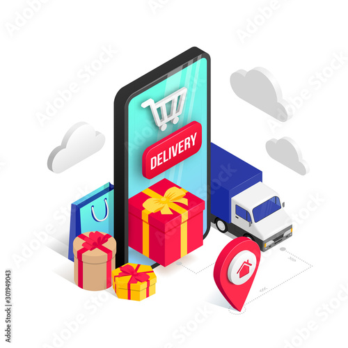 Gift delivery isometric concept phone isolated