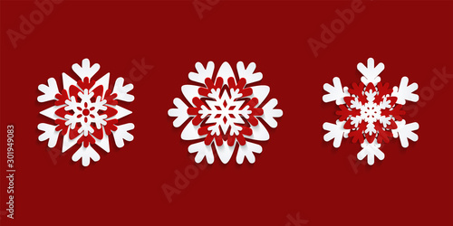 2020 Chinese New Year, Christmas set of 3 paper cut snow flake, snowflakes isolated on red background