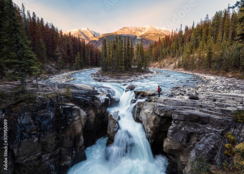 Sunwapta Falls is pair of of the Sunwapta river with traveler standing in autumn forest at sunset photo