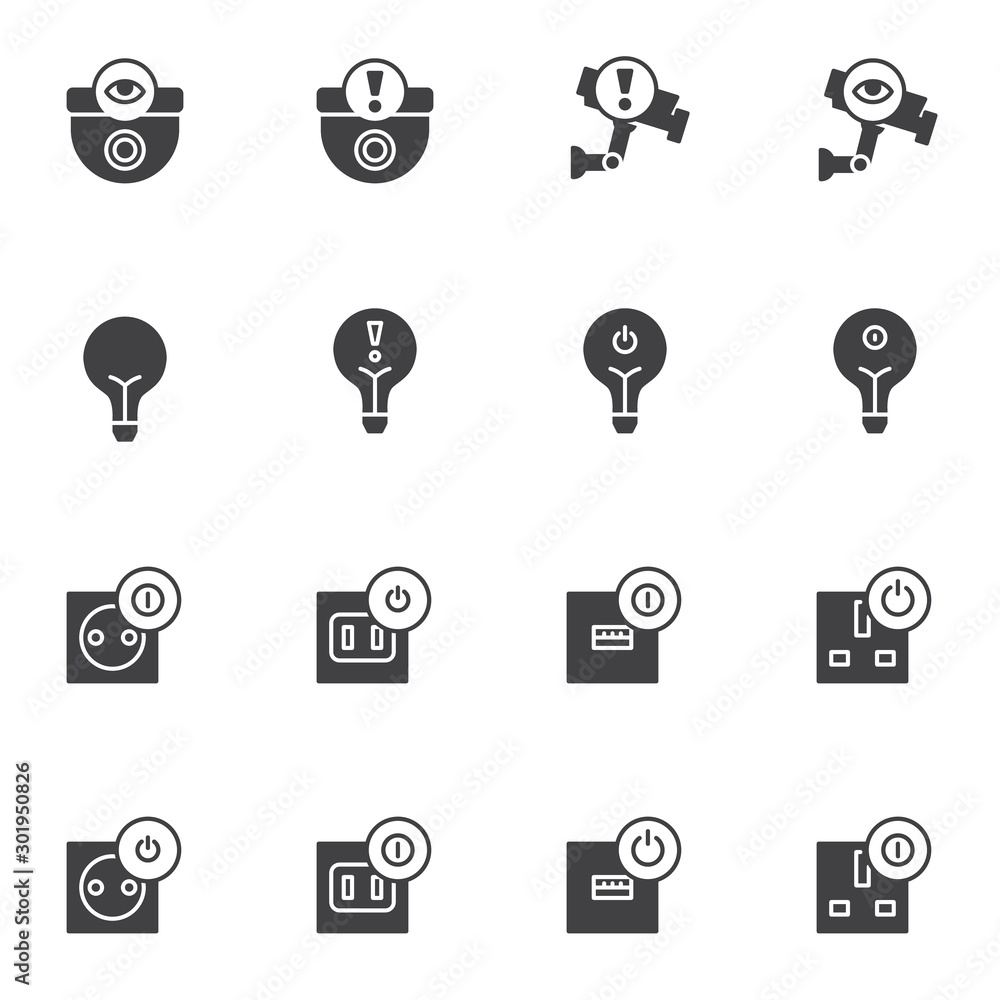 Fototapeta Home automation system vector icons set, modern solid symbol collection, filled style pictogram pack. Signs, logo illustration. Set includes icons as security camera monitoring, light bulb, outlet