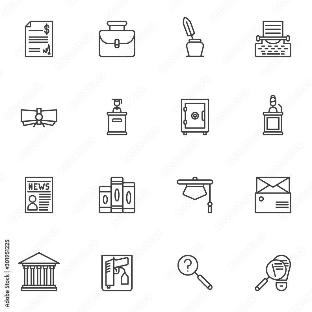 Justice line icons set. linear style symbols collection, outline signs pack. vector graphics. Set includes icons as law book, evidence gun, judge podium, detective investigation, courthouse, document Justice line icons set. linear style symbols collection, outline signs pack. vector graphics. Set includes icons as law book, evidence gun, judge podium, detective investigation, courthouse, document