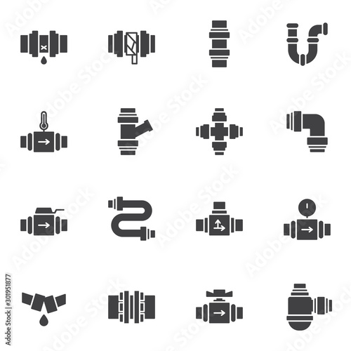 Plumbing vector icons set, modern solid symbol collection, filled style pictogram pack. Signs, logo illustration. Set includes icons as water pipes connections, pipeline, pressure meter, pipe repair