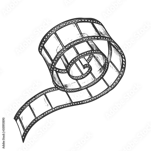 Film Strip Roll For Video Camera Monochrome Vector. Blank Old Film Reel In Spiral Curl. Operator Accessory For Make Movie Engraving Template Hand Drawn In Vintage Style Black And White Illustration