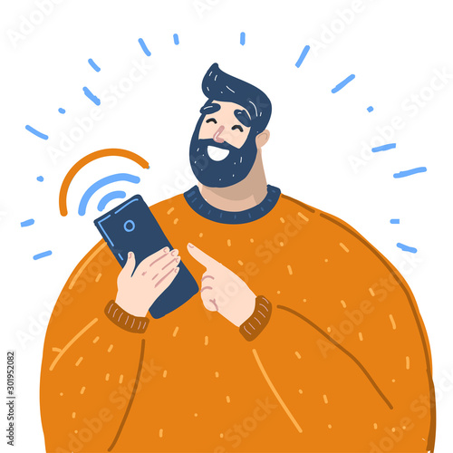 Vector cartoon illustration of man holds smart phone with messenger app, texting messages via messenger using smartphone. Mobile messenger concept