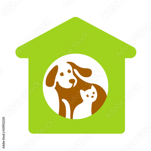 Dog and cat in green house on white.