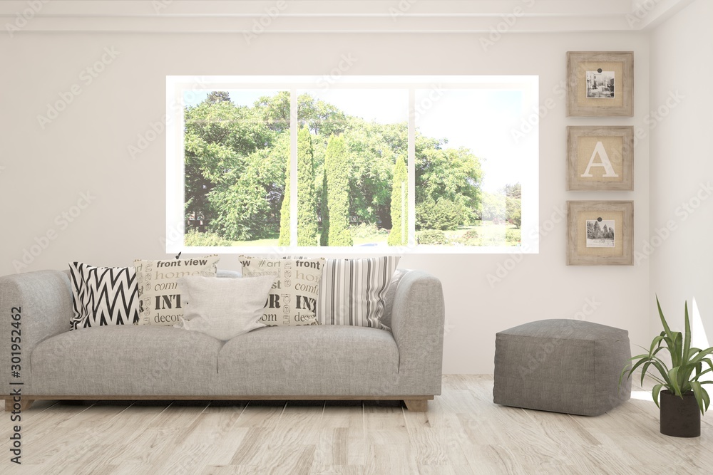 Stylish room in white color with sofa and summer landscape in window. Scandinavian interior design. 3D illustration Stylish room in white color with sofa and summer landscape in window. Scandinavian interior design. 3D illustration