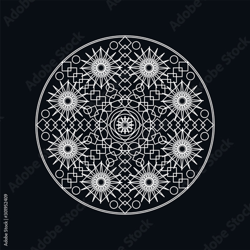 Silver geometric mandala lineart illustration isolated on black