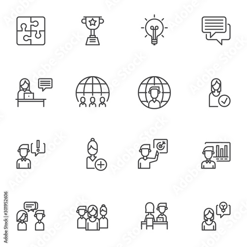 Teamwork skills line icons set. linear style symbols collection, outline signs pack. vector graphics. Set includes icons as idea lamp, award cup, puzzle, presentation, financial graph, interview