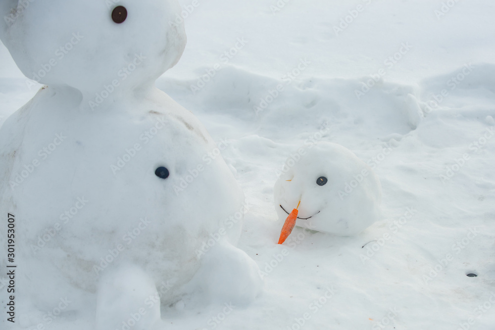 Melted snowman in puddle. Bad warm rainy winter weather. Snowman in our yard. Is my first snowman. Lonely snowman melting after Christmas.