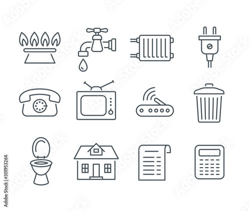 Household services utility bill icons. Vector flat thin line regular payments symbols such as gas, water, electric energy, heating, telephone, cable TV, Internet, garbage, sewage. Outline pictograms