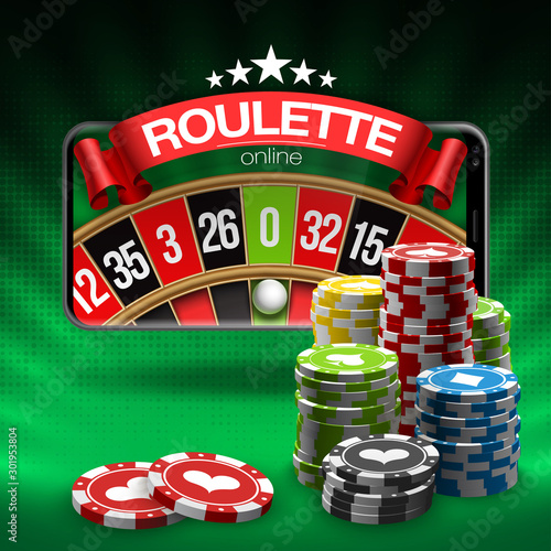 illustration Online Poker casino banner with mobile phone and roulette. Marketing Luxury Banner Jackpot Online Casino with New model Smartphone and roulette Advertising poster with red ribbon for text